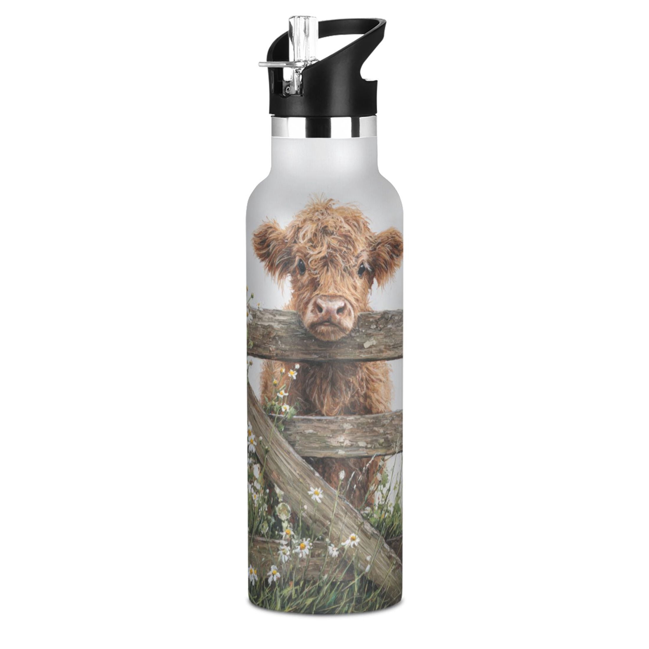 Kids Insulated Stainless Steel Sports Water Bottle 600ml Cute Highland Cow Peeking