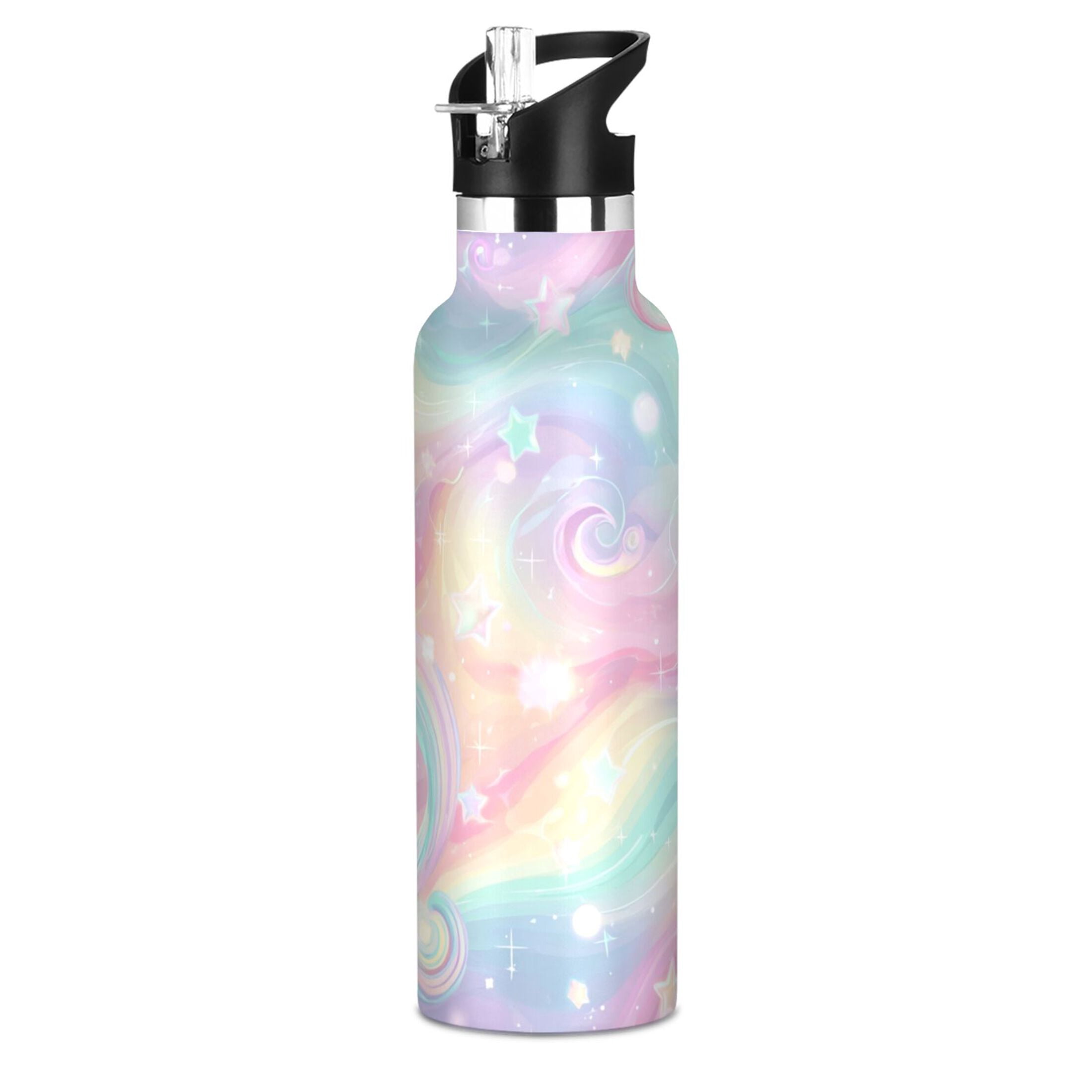 Kids Insulated Stainless Steel Sports Water Bottle 600ml Cute Pastel Rainbow Background