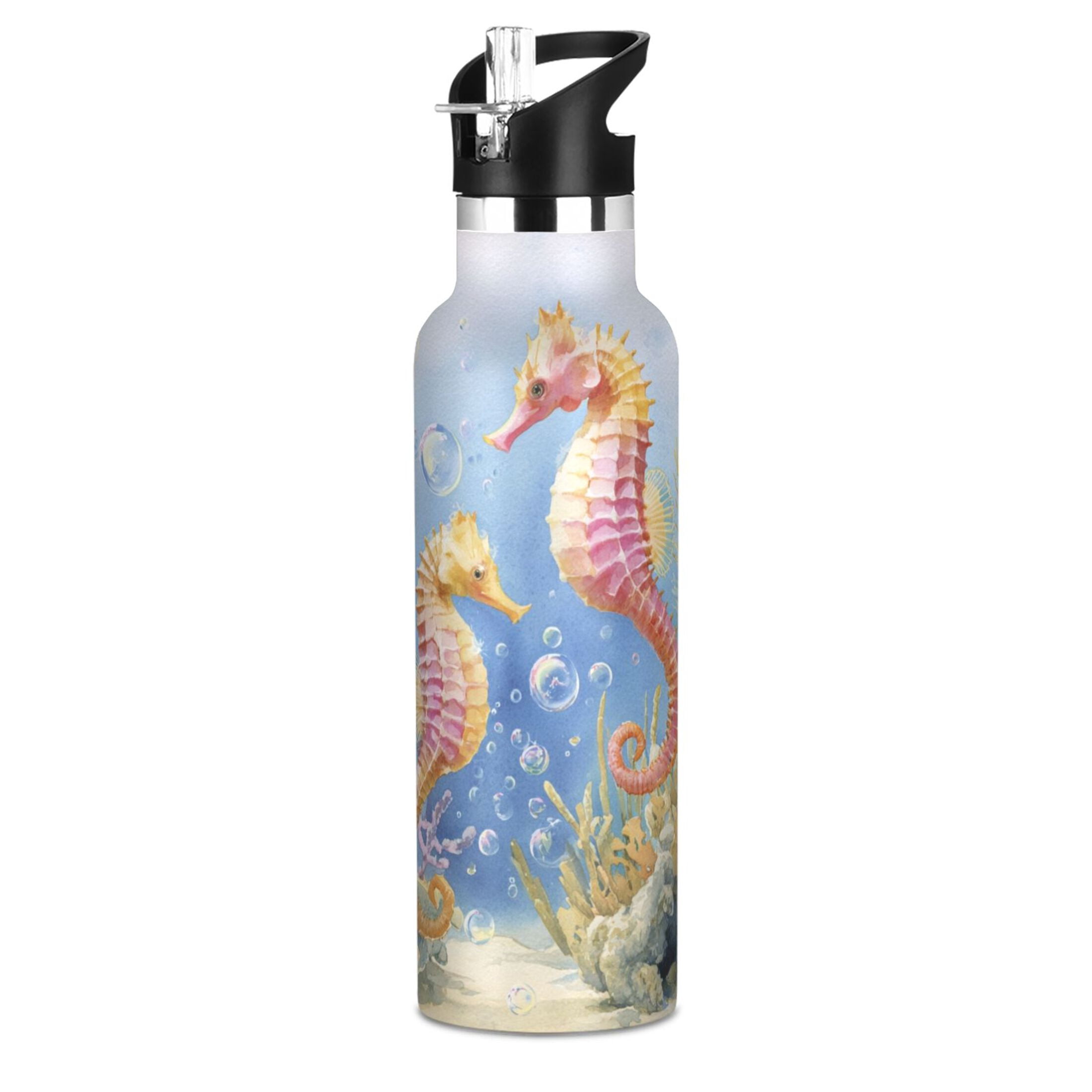 Kids Insulated Stainless Steel Sports Water Bottle 600ml Cute Seahorse Pattern