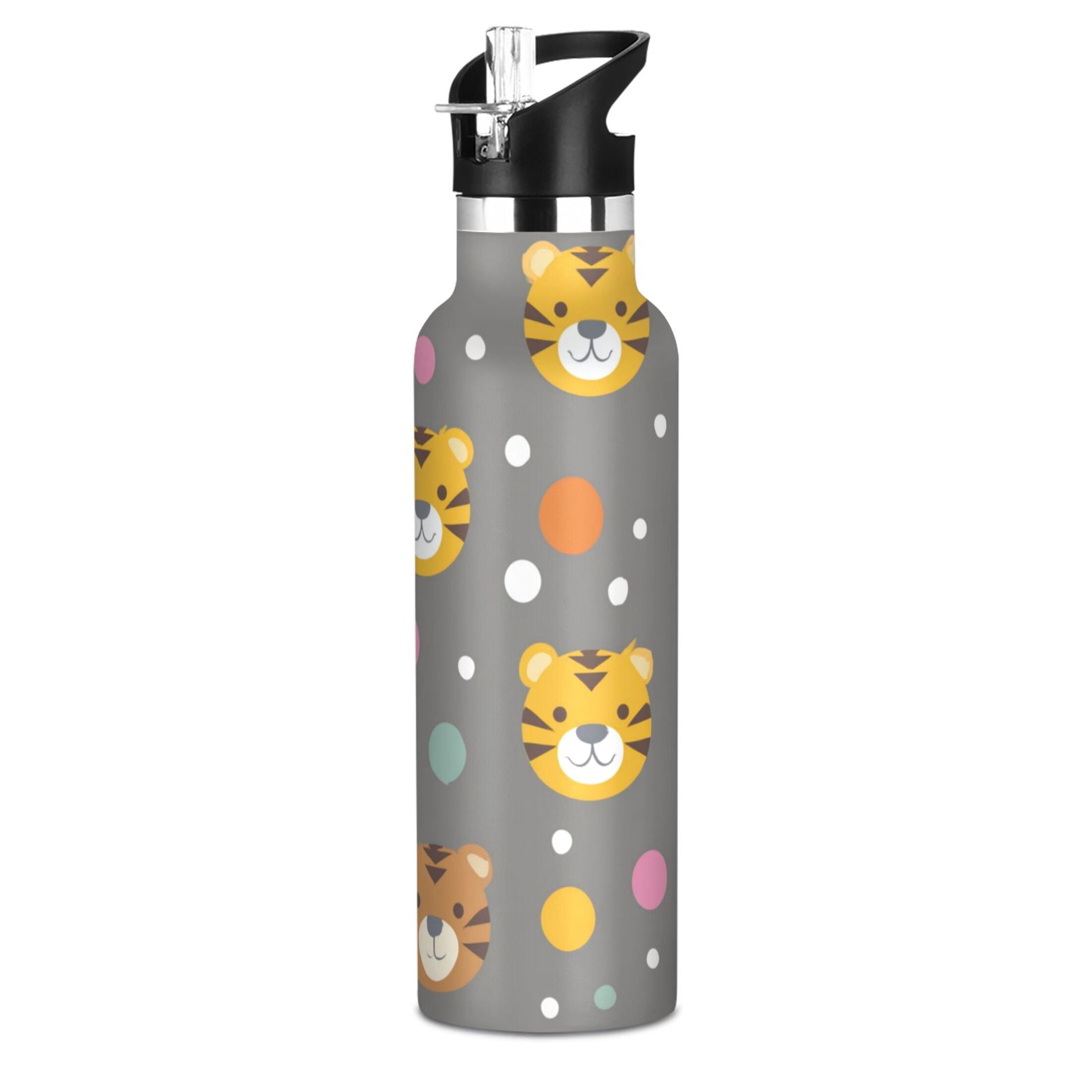 Kids Insulated Stainless Steel Sports Water Bottle 600ml Cute Tiger Face Pattern