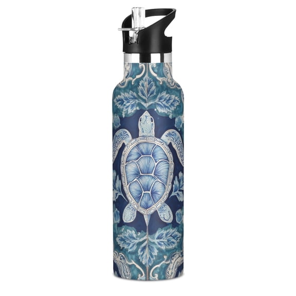 Kids Insulated Stainless Steel Sports Water Bottle 600ml Dark Teal Turtle Pattern