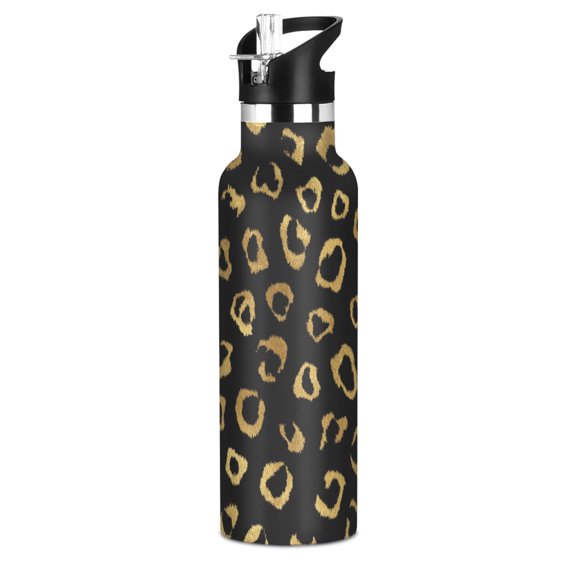 Kids Insulated Stainless Steel Sports Water Bottle 600ml Gold Leopard Pattern