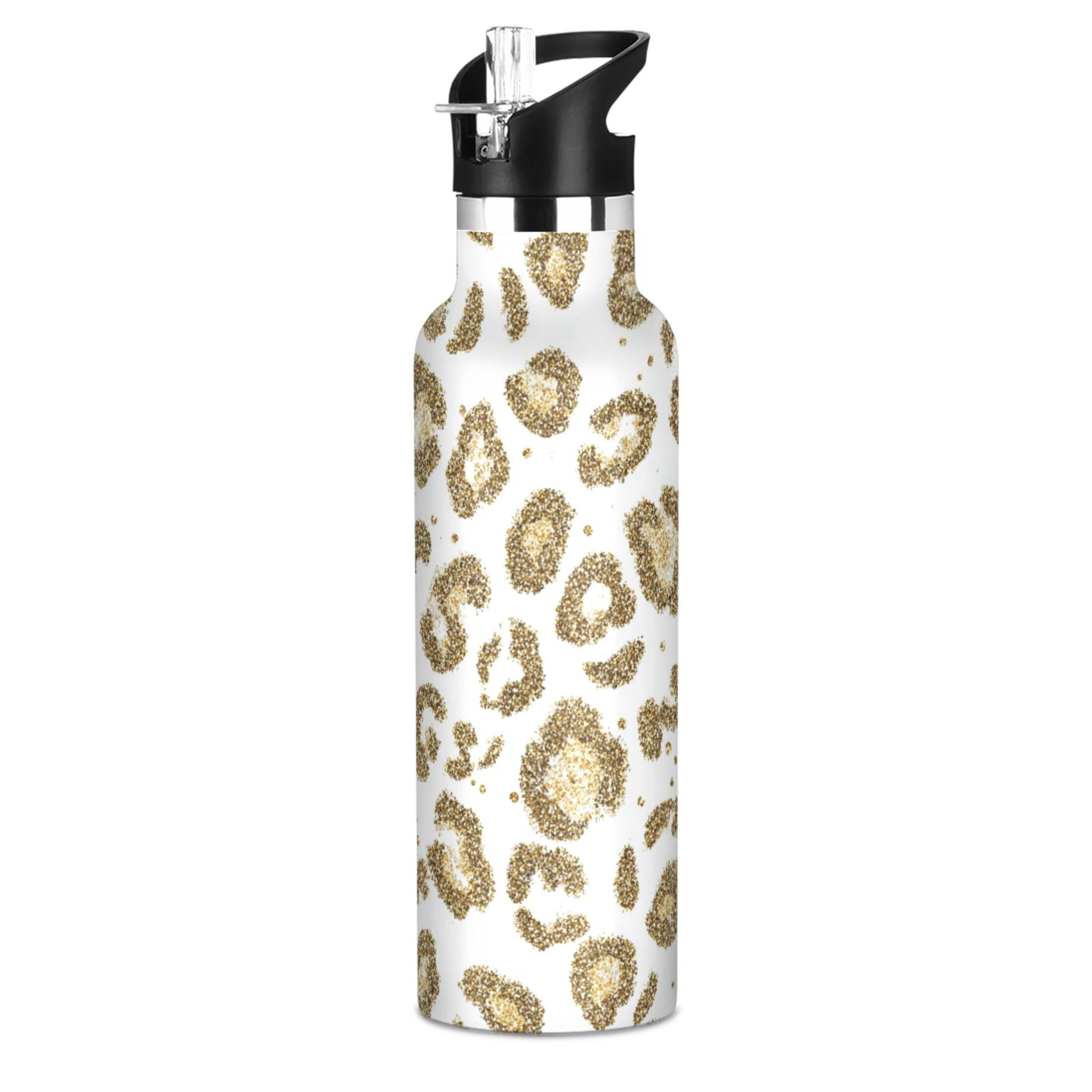 Kids Insulated Stainless Steel Sports Water Bottle 600ml Gold Leopard Print Pattern