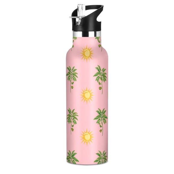 Kids Insulated Stainless Steel Sports Water Bottle 600ml Green Palm Tree Pattern