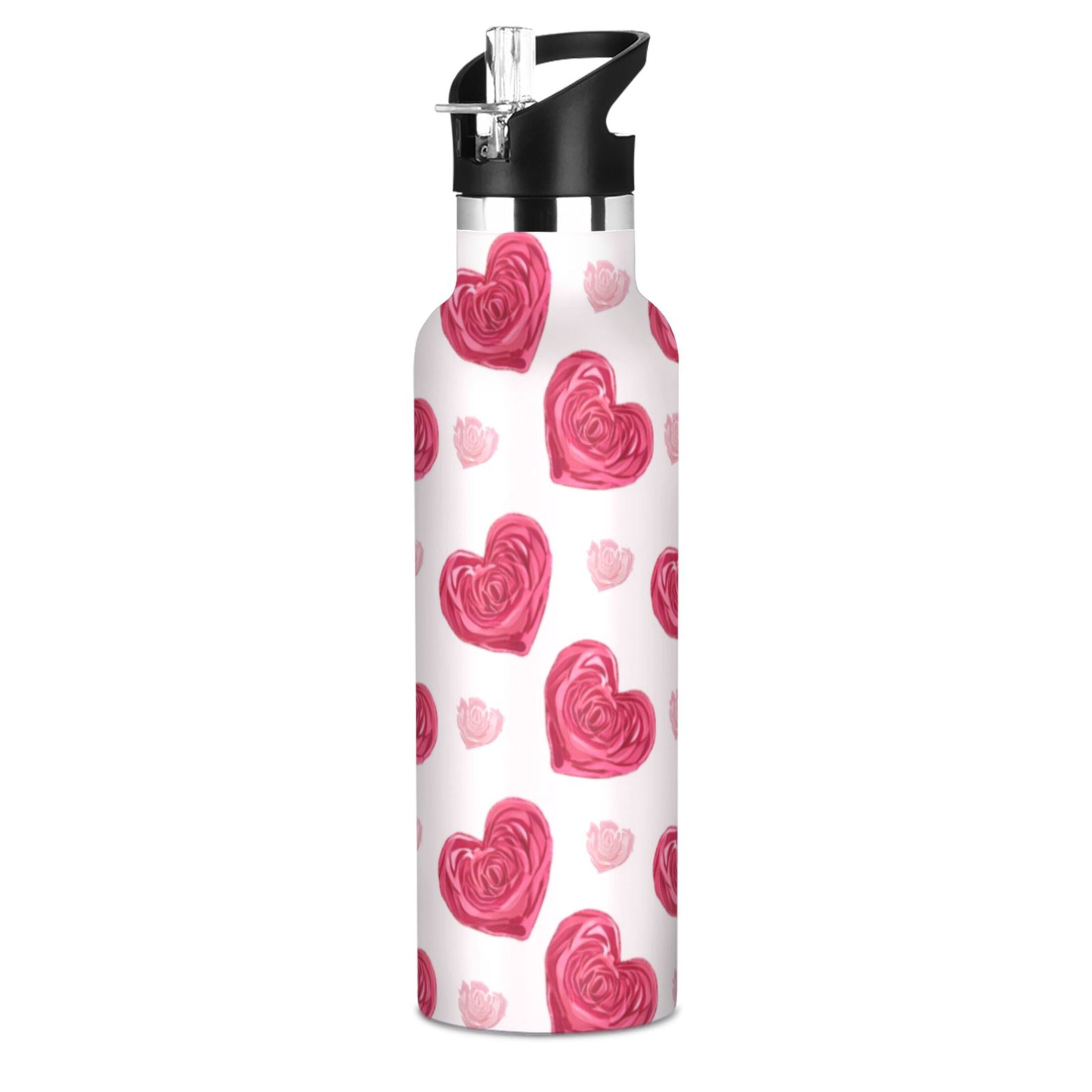 Kids Insulated Stainless Steel Sports Water Bottle 600ml Heart-shaped Rose Pattern
