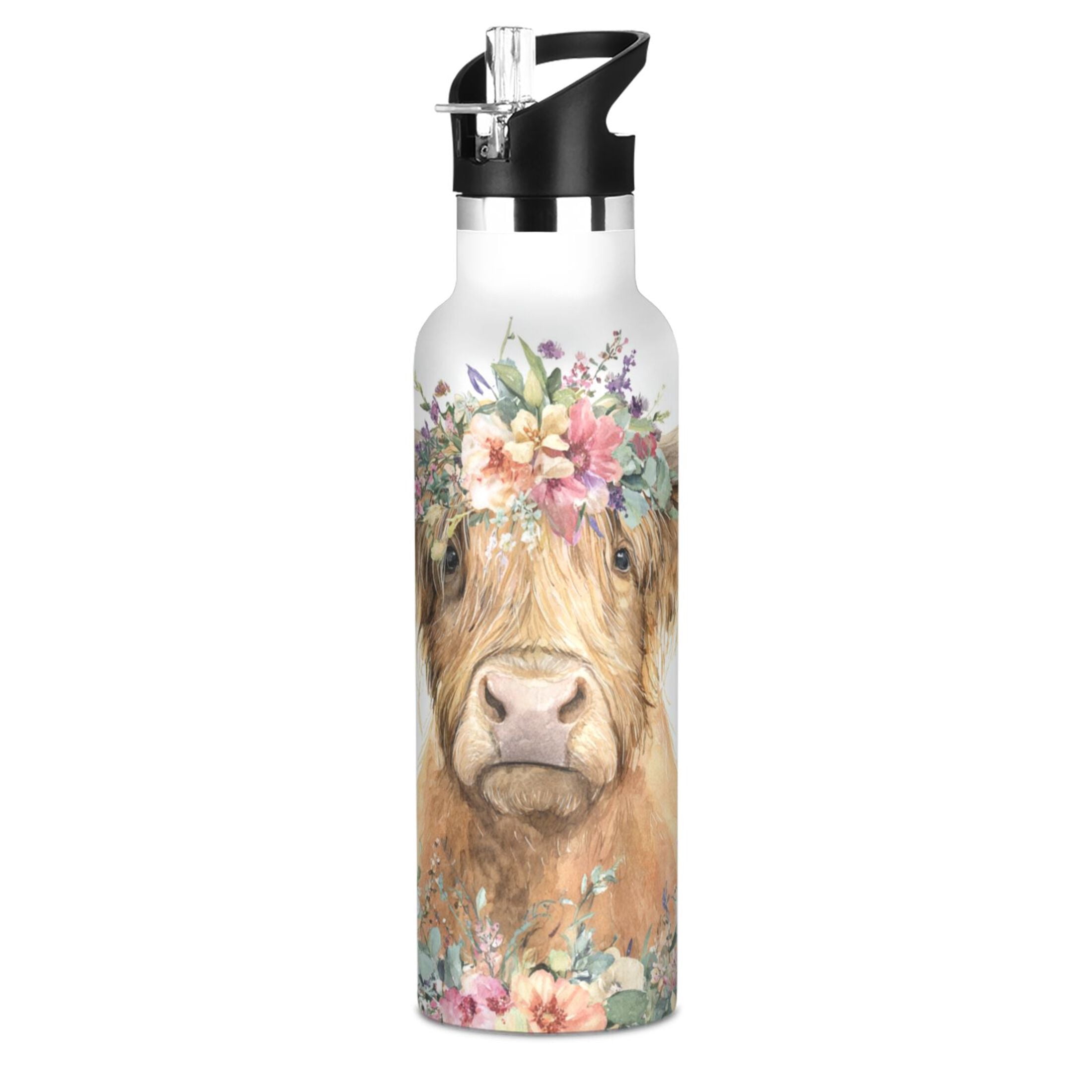 Kids Insulated Stainless Steel Sports Water Bottle 600ml Highland Cow with Flowers