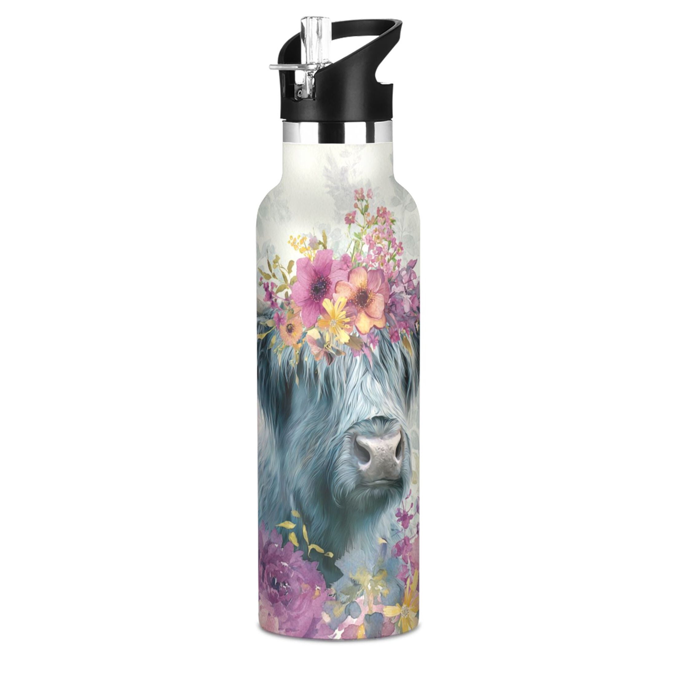 Kids Insulated Stainless Steel Sports Water Bottle 600ml Highland Cow with Wildflowers