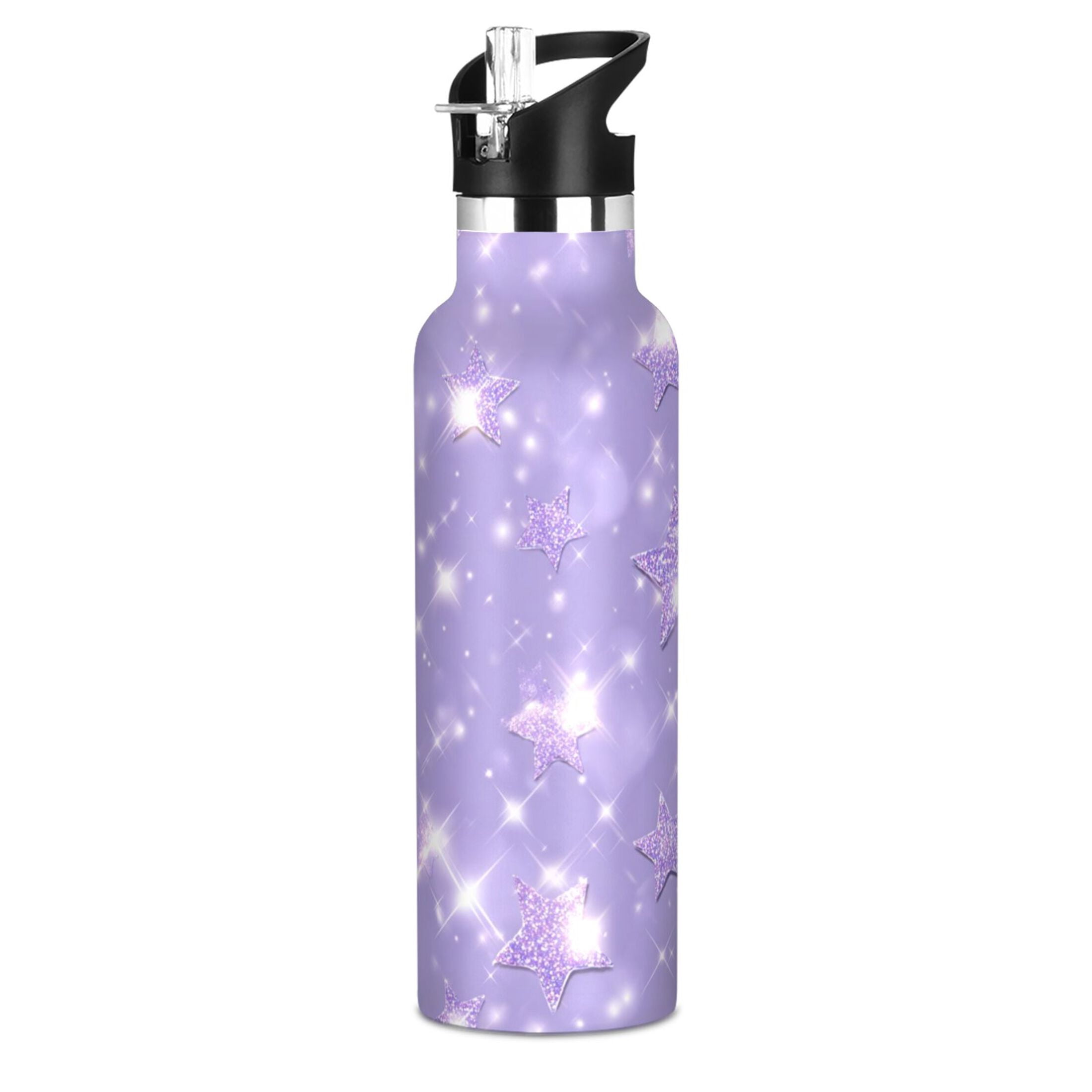 Kids Insulated Stainless Steel Sports Water Bottle 600ml Lavender Glitter Stars Pattern