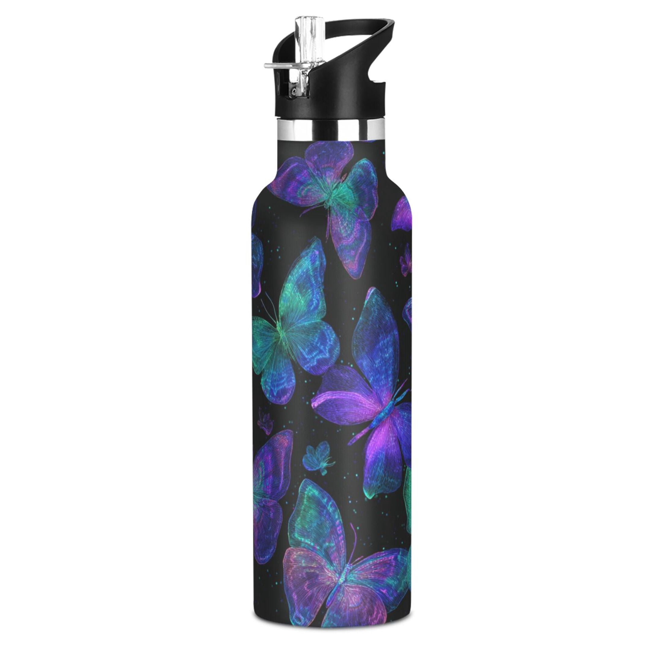 Kids Insulated Stainless Steel Sports Water Bottle 600ml Neon Blue-purple Green Butterfly