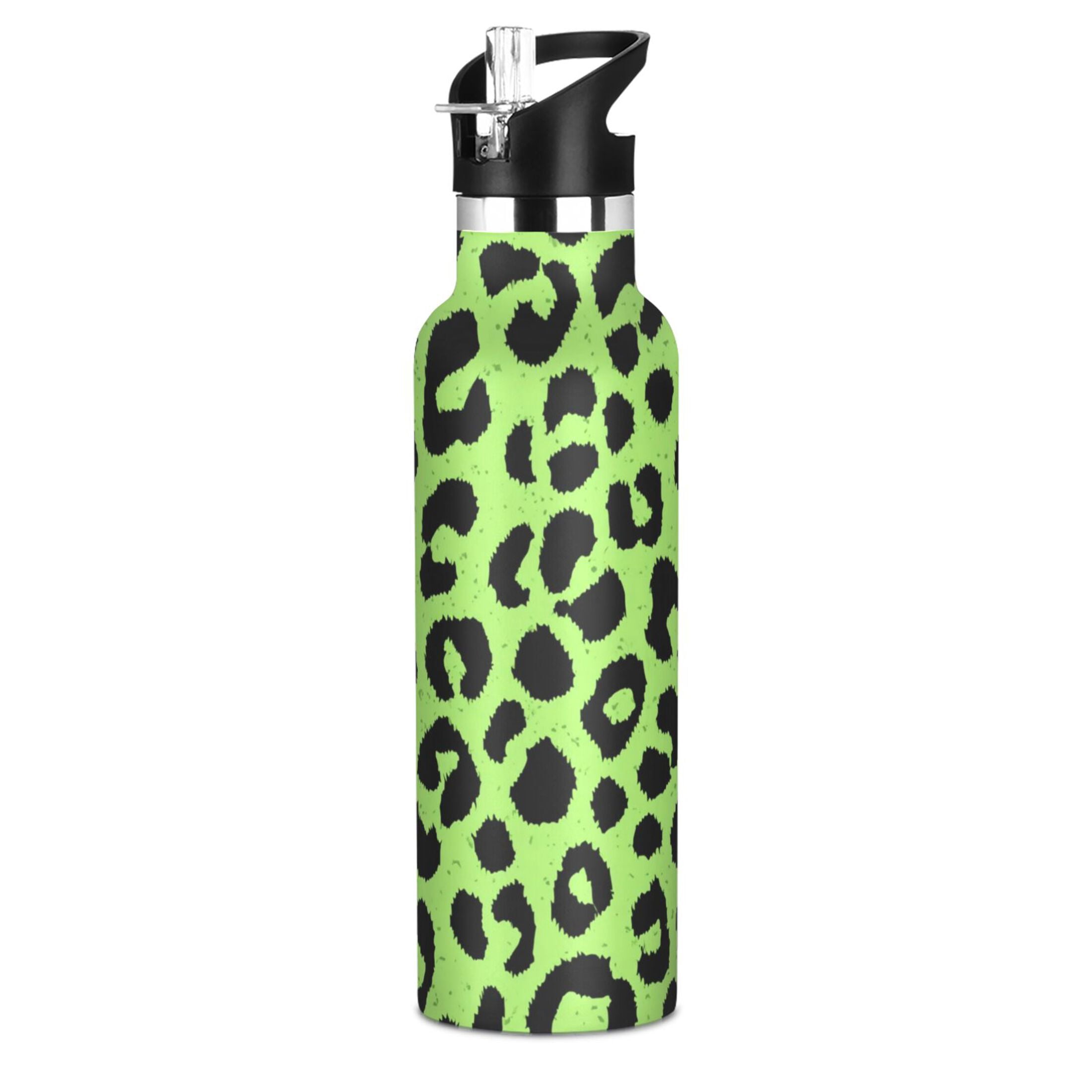 Kids Insulated Stainless Steel Sports Water Bottle 600ml Neon Green Leopard Print