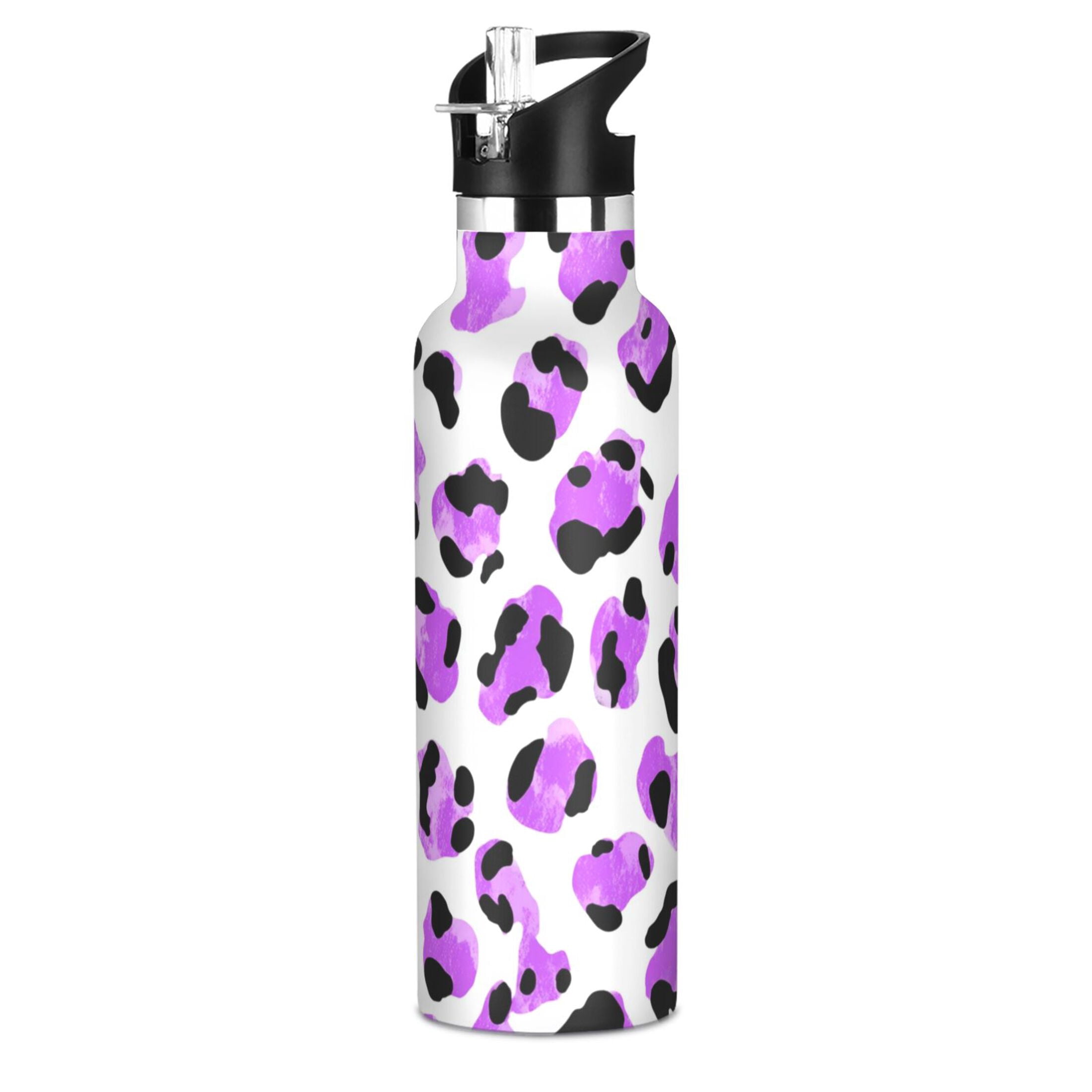 Kids Insulated Stainless Steel Sports Water Bottle 600ml Neon Purple Leopard Print