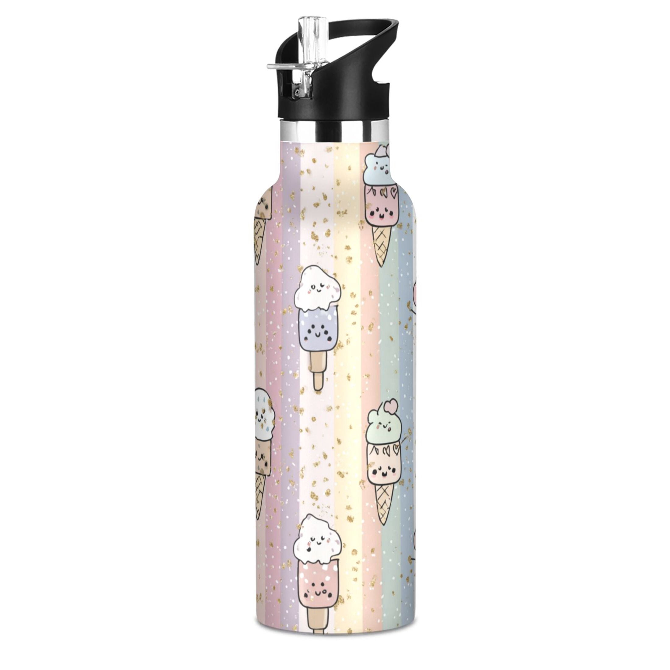 Kids Insulated Stainless Steel Sports Water Bottle 600ml Pastel Cartoon Ice Cream Pattern
