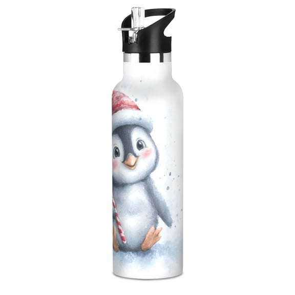 Kids Insulated Stainless Steel Sports Water Bottle 600ml Penguin Holding Candy Cane