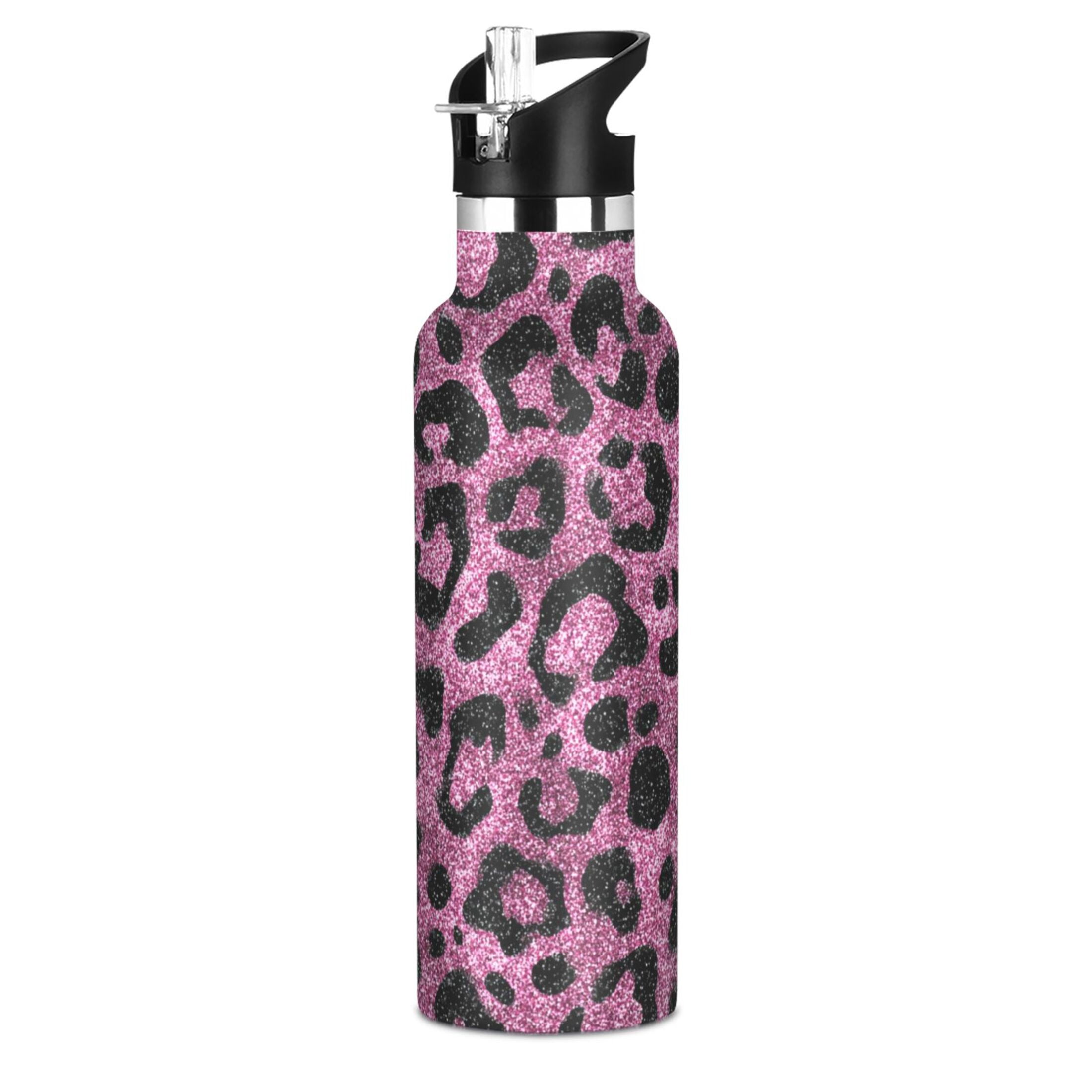 Kids Insulated Stainless Steel Sports Water Bottle 600ml Pink Glitter Cheetah Print