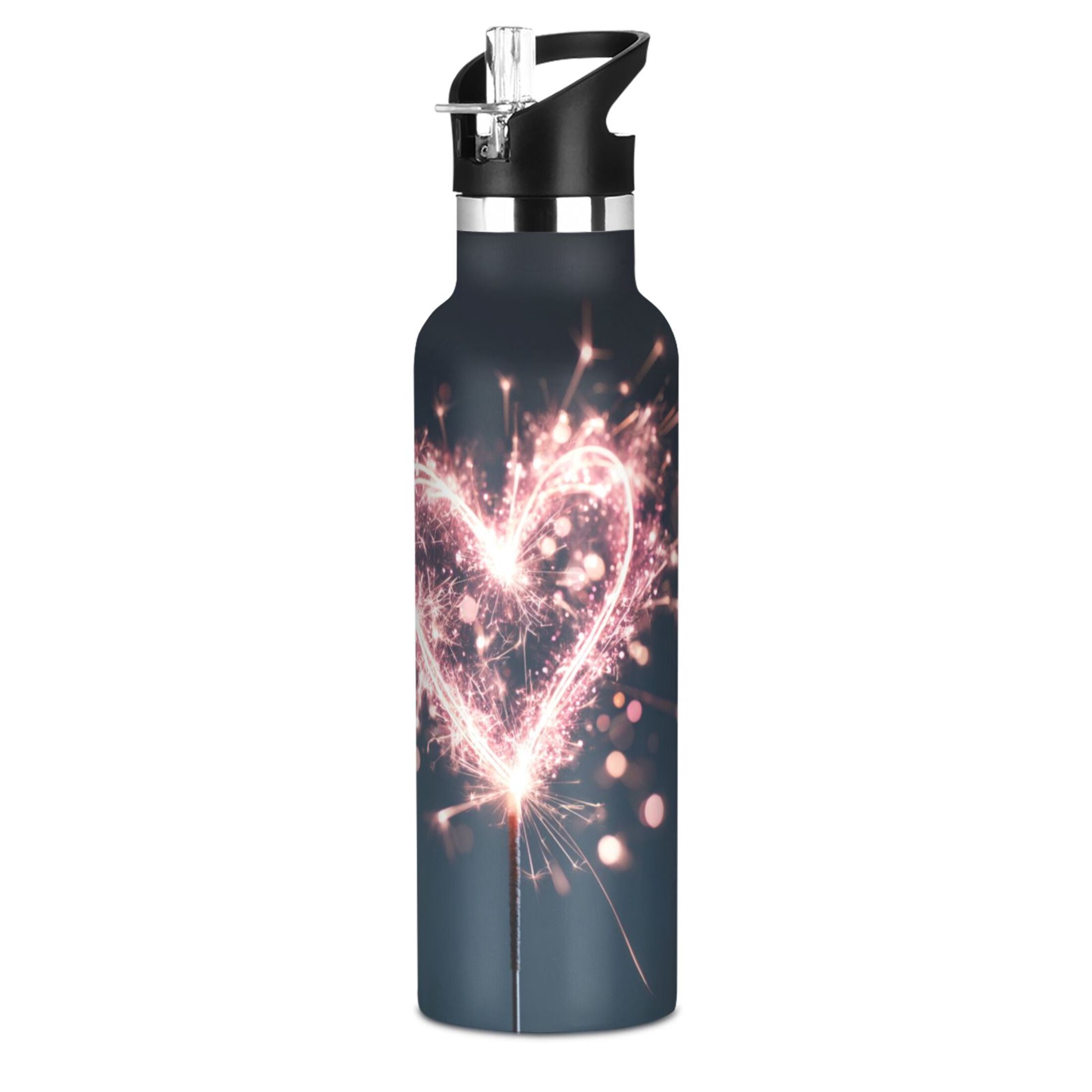 Kids Insulated Stainless Steel Sports Water Bottle 600ml Pink Heart-shaped Sparkler