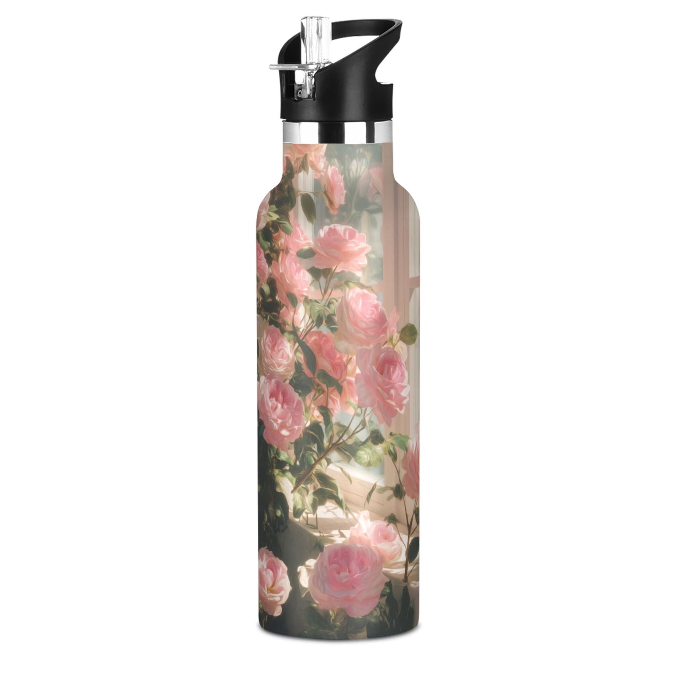 Kids Insulated Stainless Steel Sports Water Bottle 600ml Pink Rose Bushes