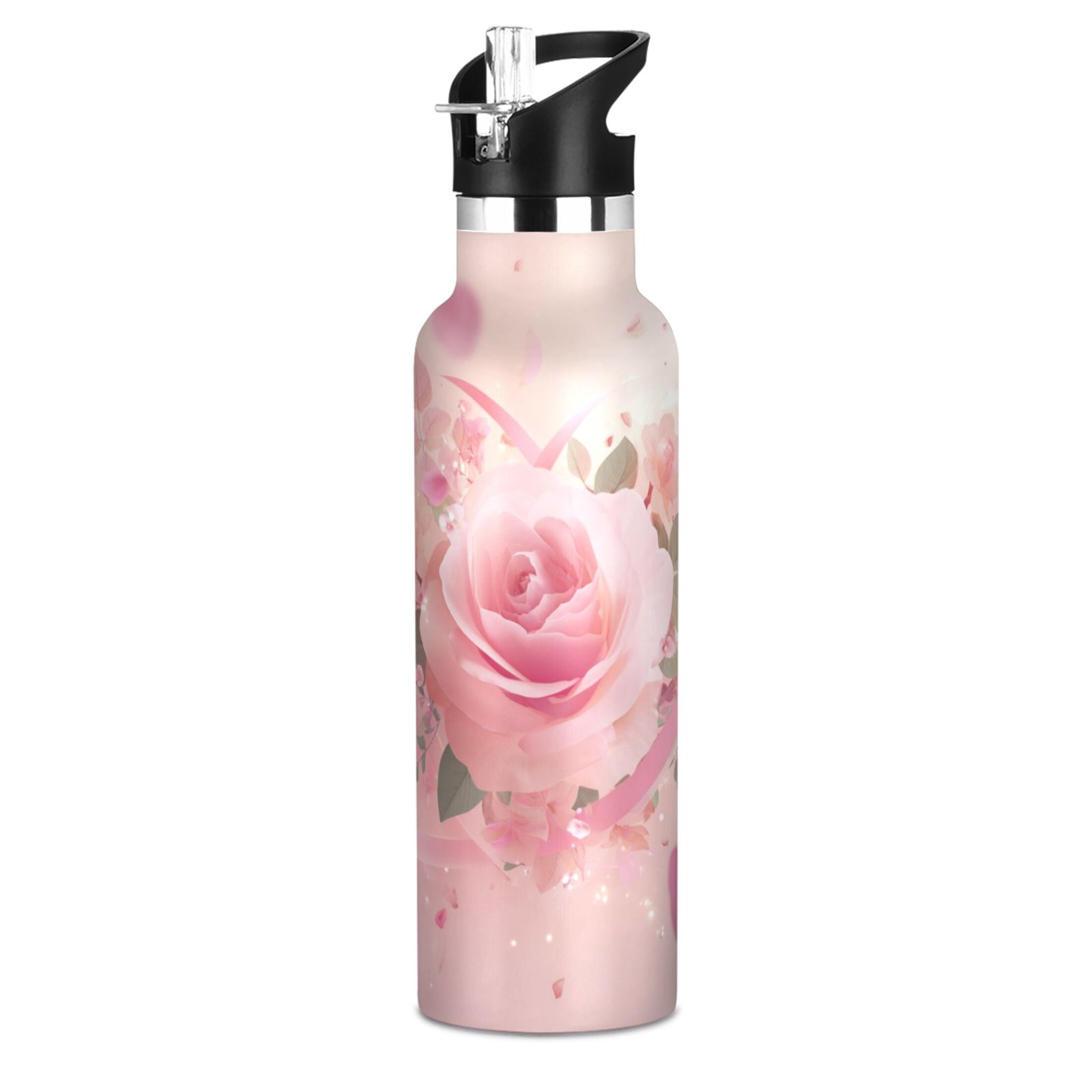 Kids Insulated Stainless Steel Sports Water Bottle 600ml Pink Rose Pattern