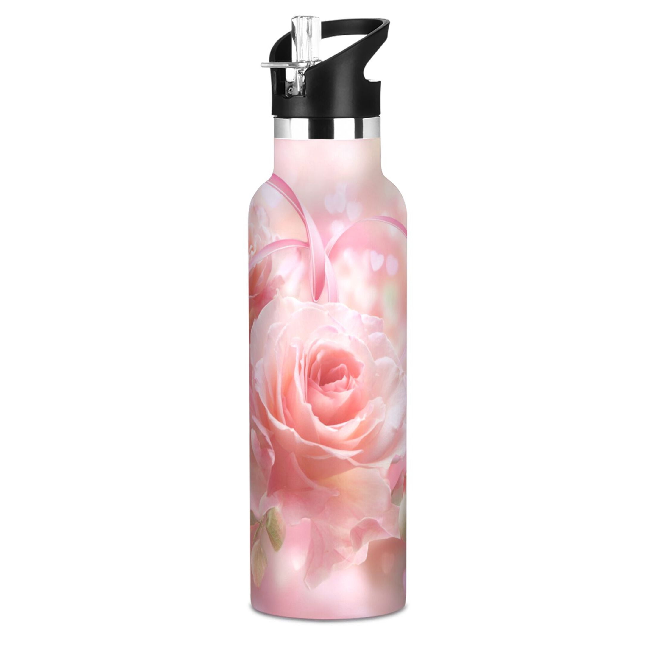 Kids Insulated Stainless Steel Sports Water Bottle 600ml Pink Roses and Ribbons