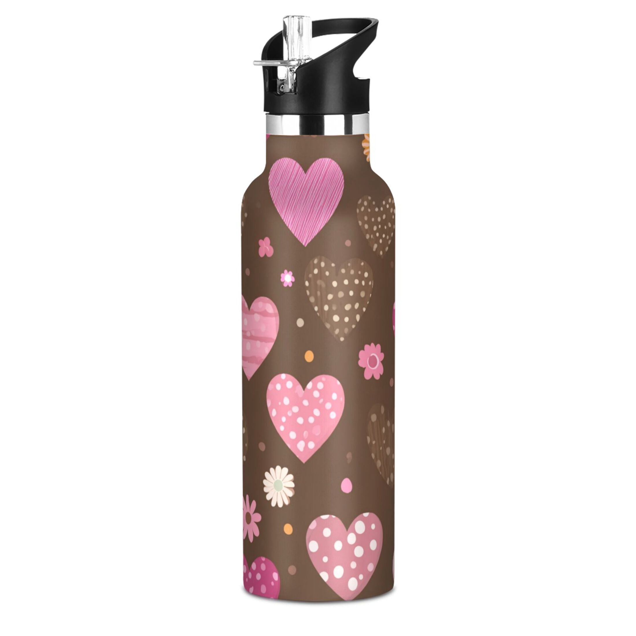 Kids Insulated Stainless Steel Sports Water Bottle 600ml Pink and Brown Hearts Pattern
