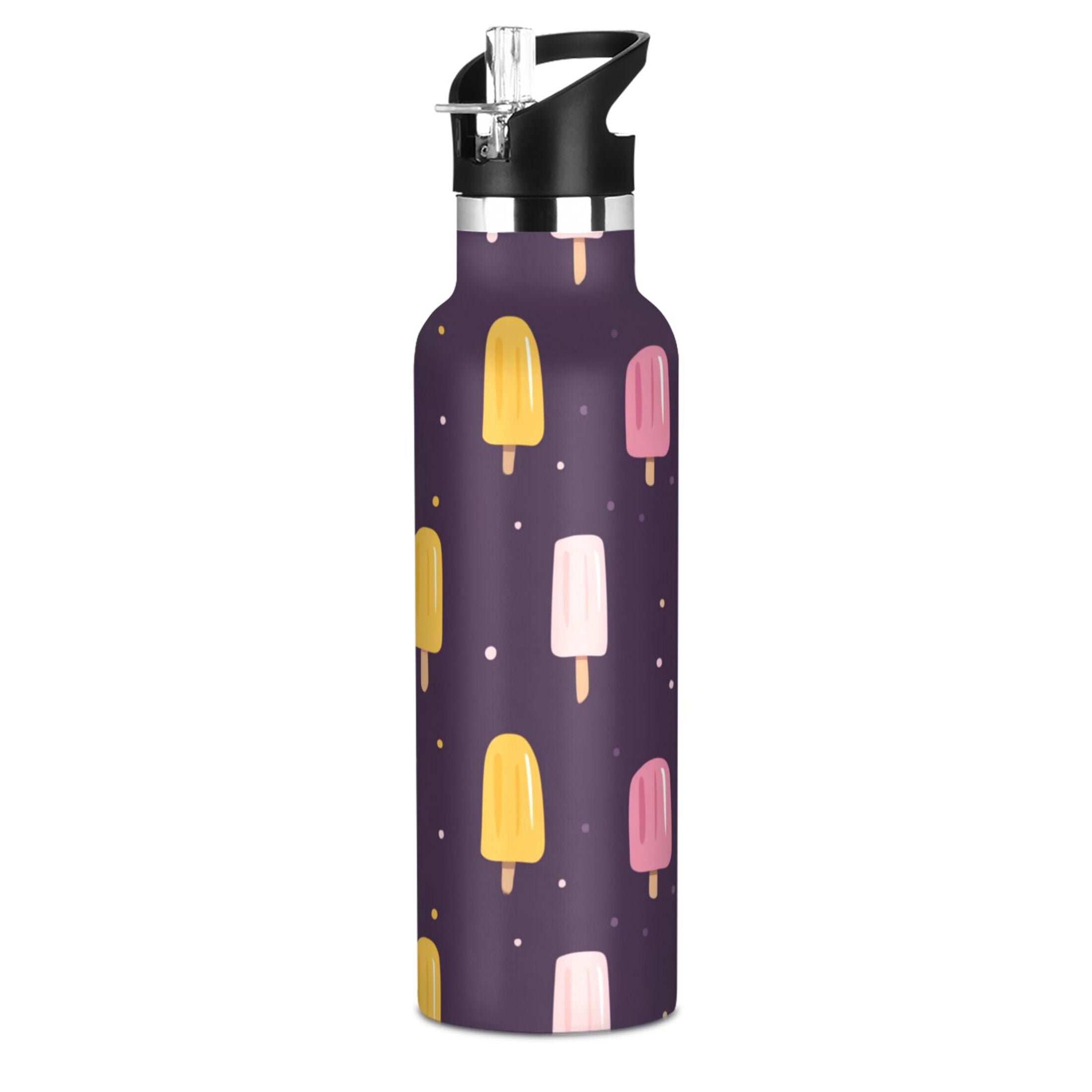 Kids Insulated Stainless Steel Sports Water Bottle 600ml Pink and Yellow Popsicle Pattern
