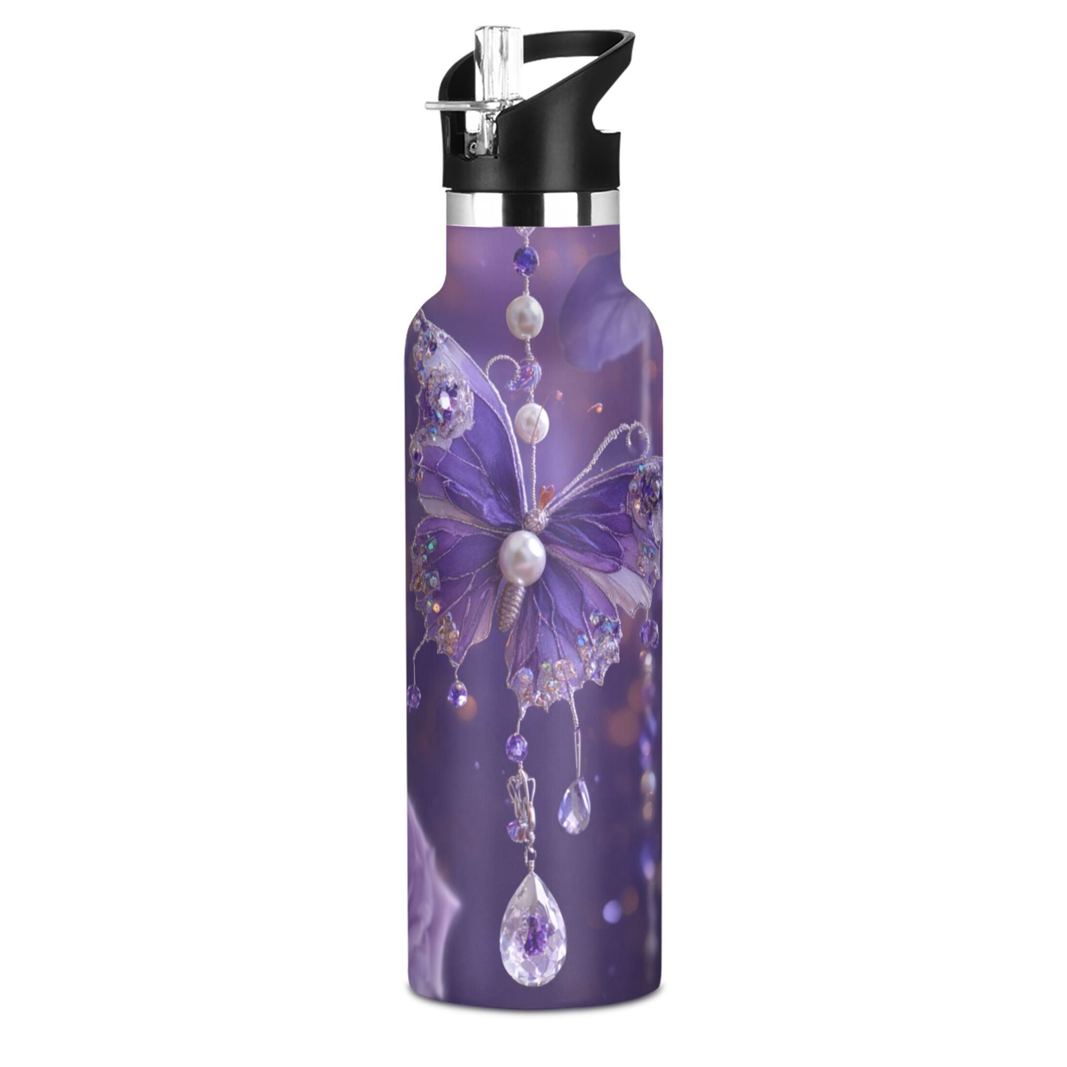 Kids Insulated Stainless Steel Sports Water Bottle 600ml Purple Butterfly Pattern