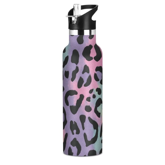 Kids Insulated Stainless Steel Sports Water Bottle 600ml Rainbow Colors Leopard Print
