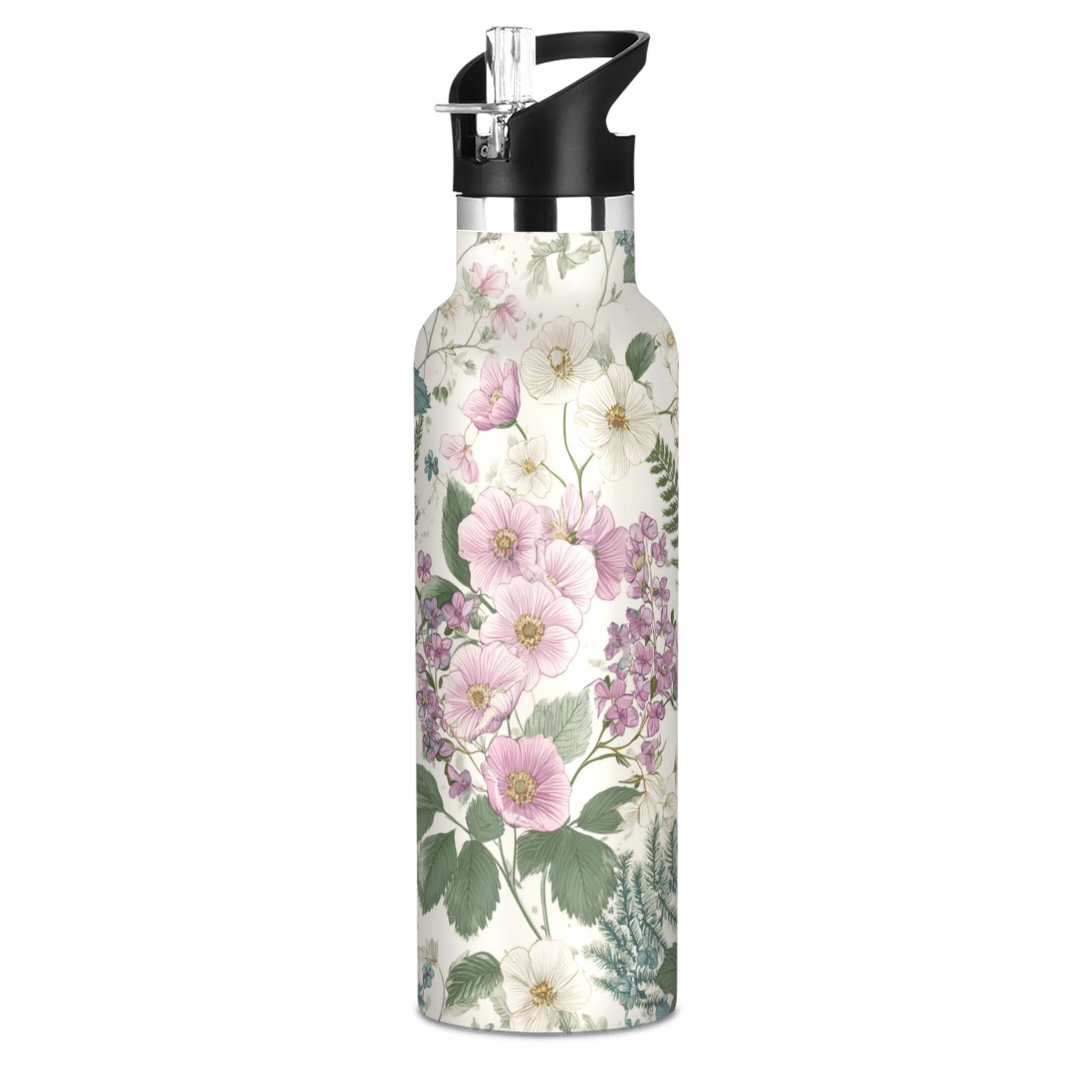 Kids Insulated Stainless Steel Sports Water Bottle 600ml Retro Pink Flowers Pattern