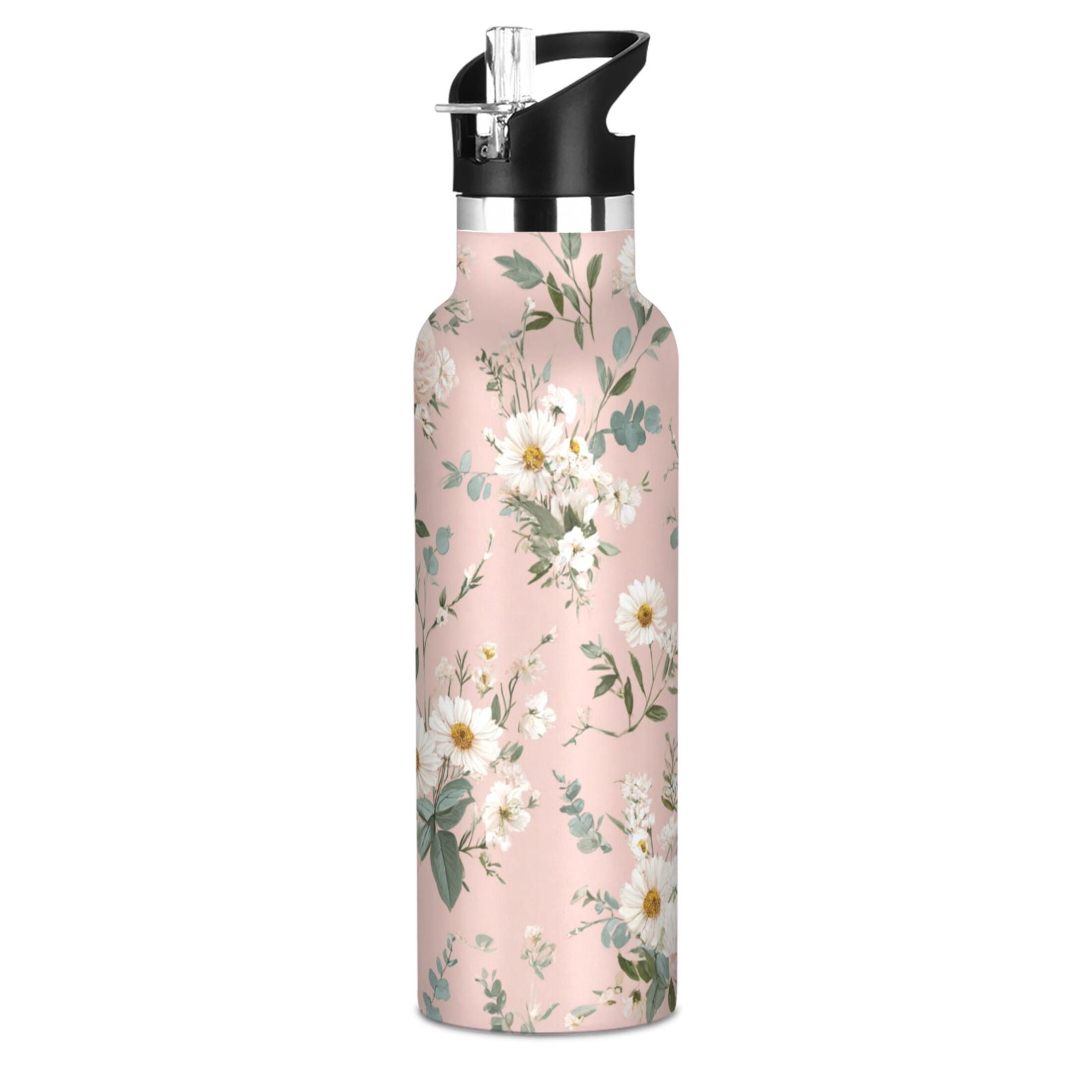 Kids Insulated Stainless Steel Sports Water Bottle 600ml Small White and Pink Flowers