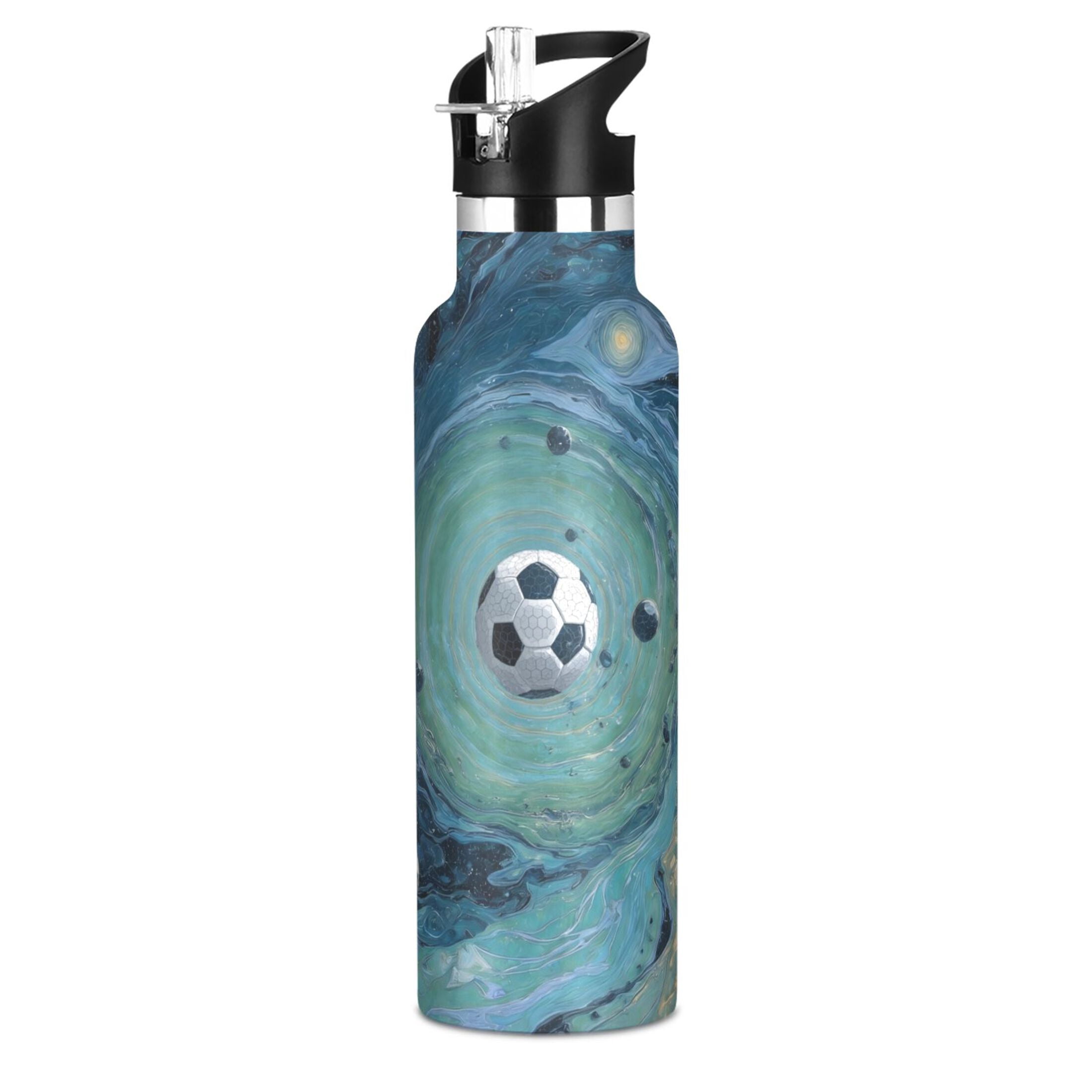 Kids Insulated Stainless Steel Sports Water Bottle 600ml Soccer Ball Floating in Space