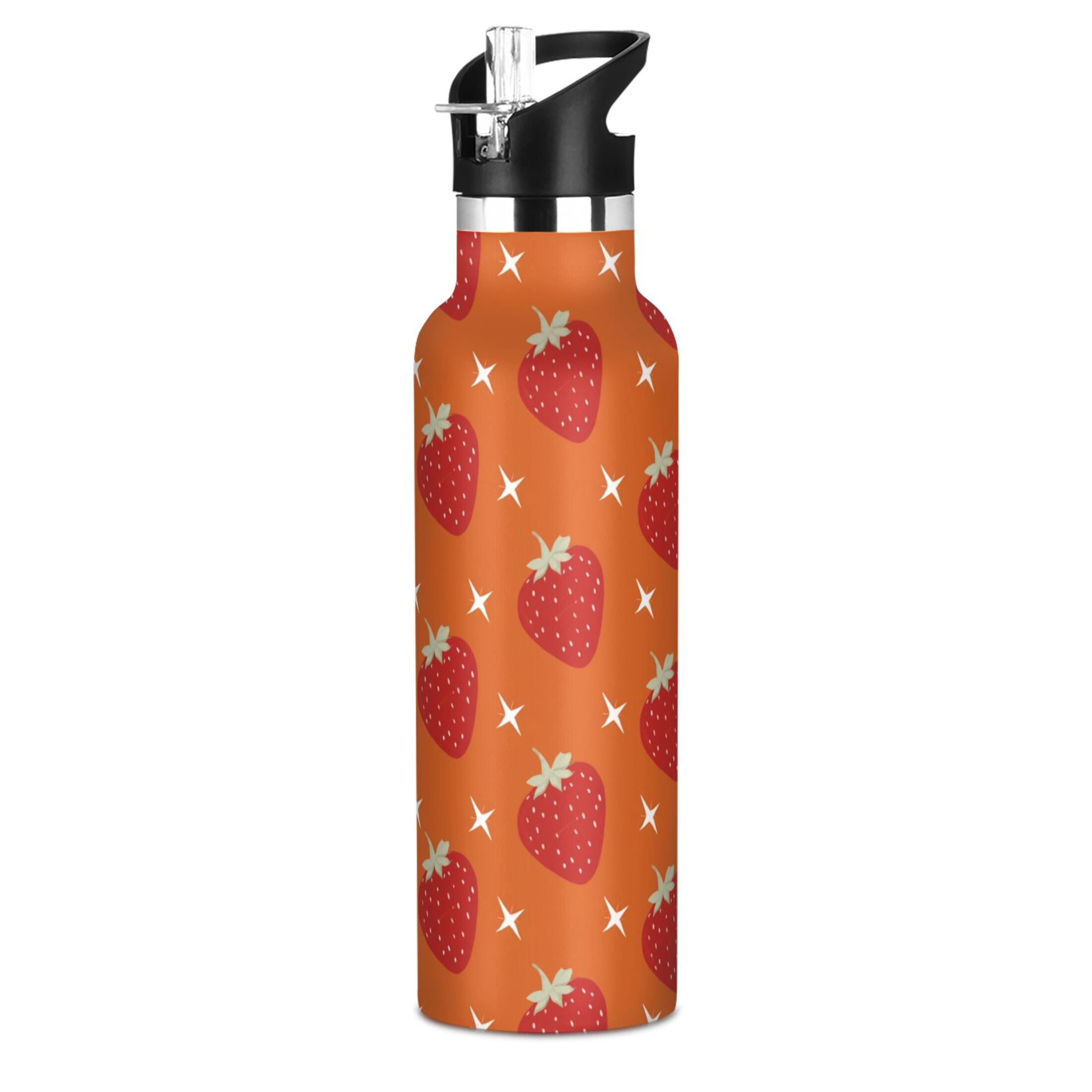 Kids Insulated Stainless Steel Sports Water Bottle 600ml Strawberry and White Stars Pattern