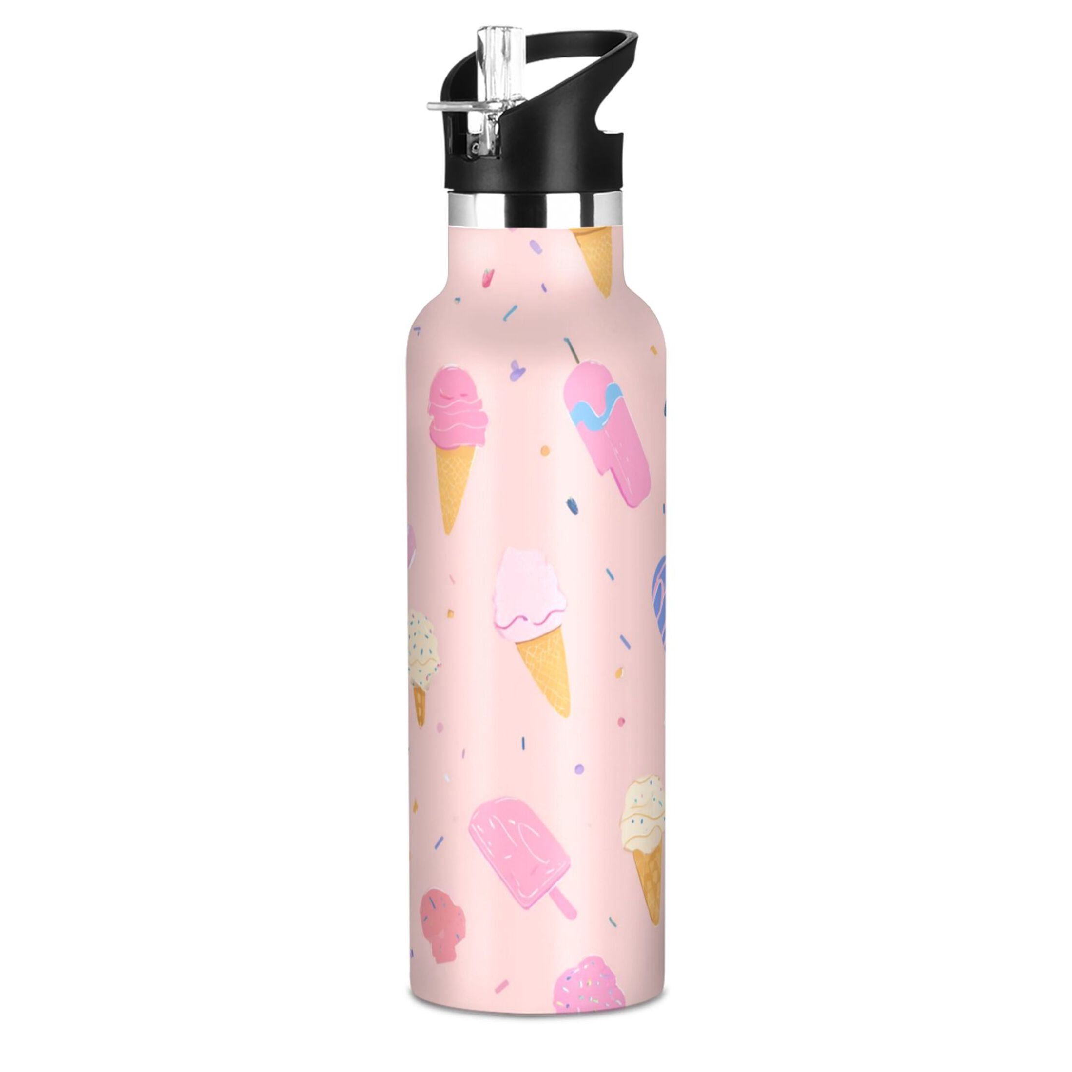Kids Insulated Stainless Steel Sports Water Bottle 600ml Summer Ice Cream Pattern