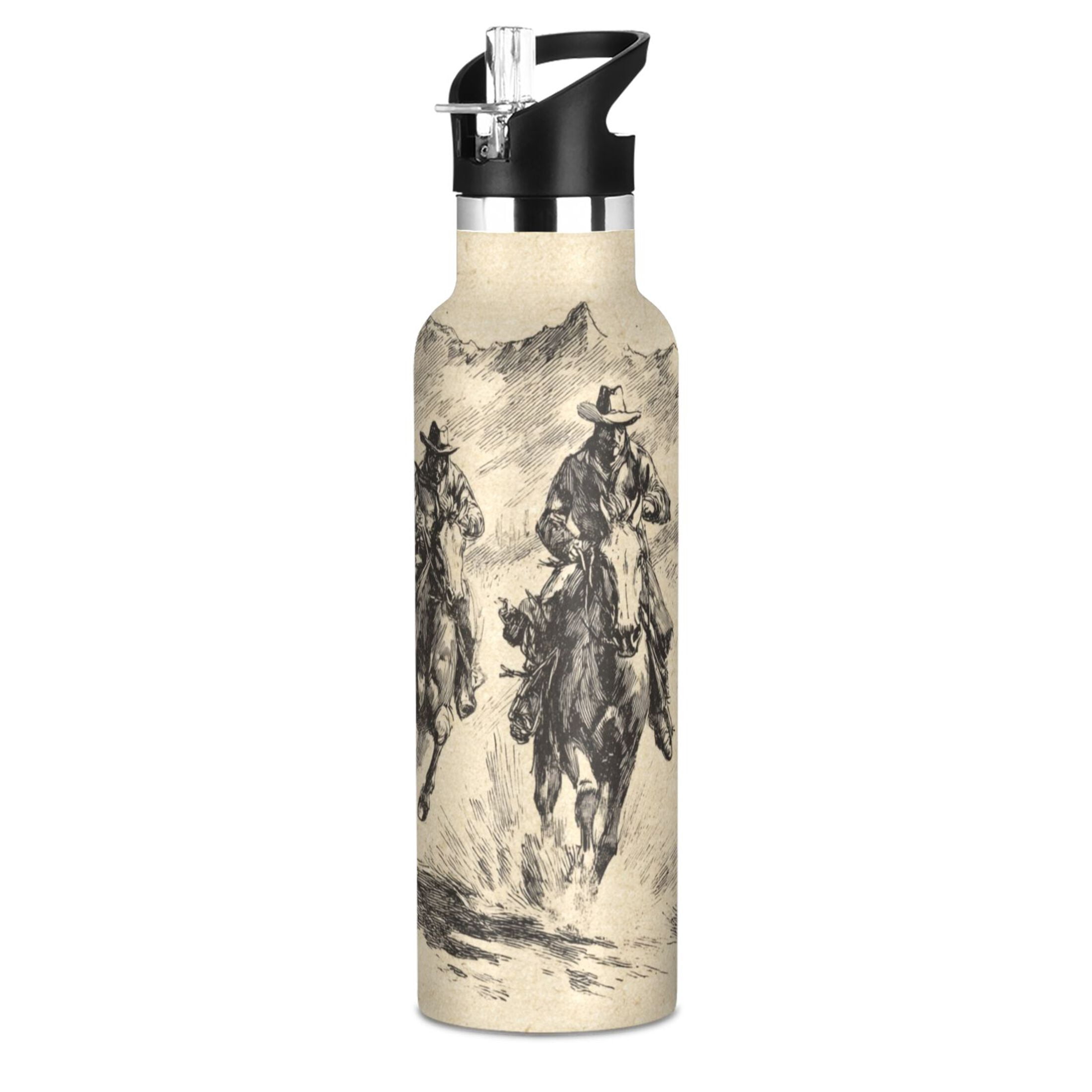 Kids Insulated Stainless Steel Sports Water Bottle 600ml Vintage Cowboy Illustration