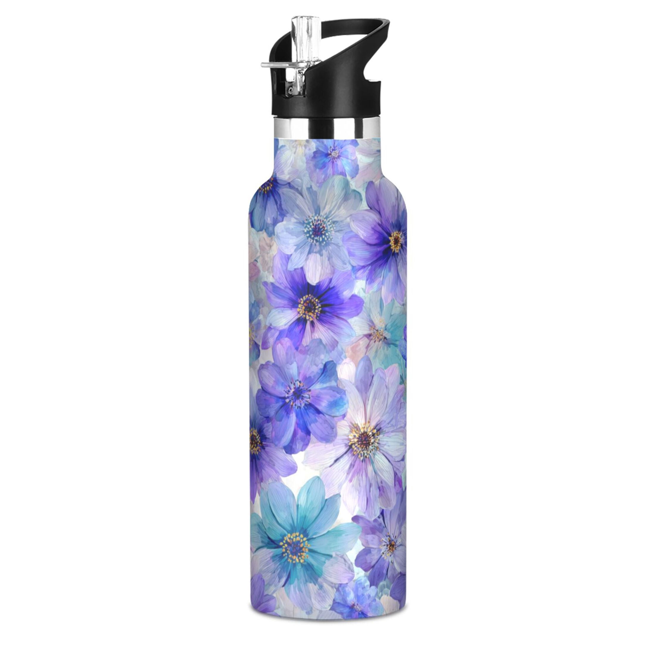 Kids Insulated Stainless Steel Sports Water Bottle 600ml Watercolor Blue-purple Flowers