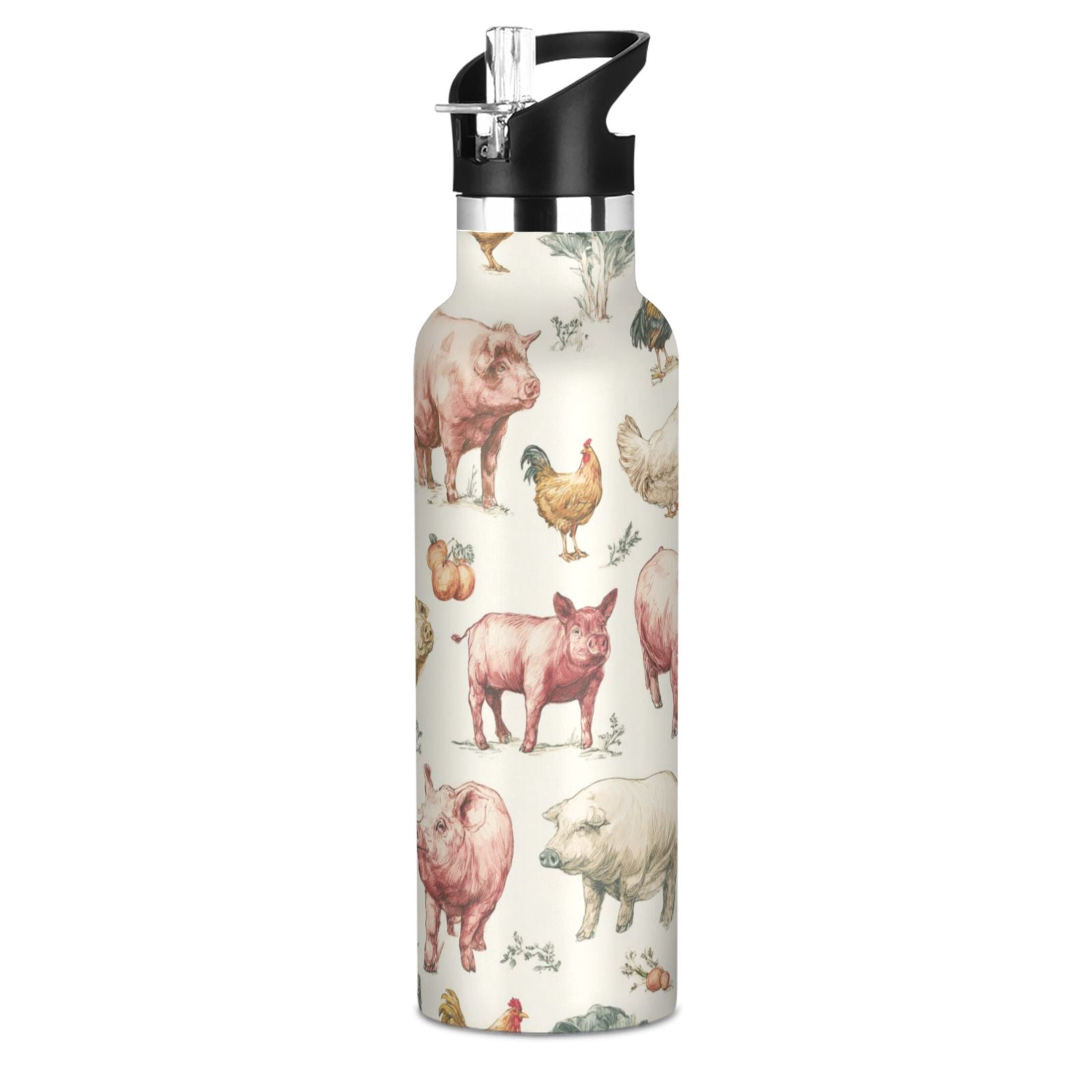 Kids Insulated Stainless Steel Sports Water Bottle 600ml Watercolor Farm Animals