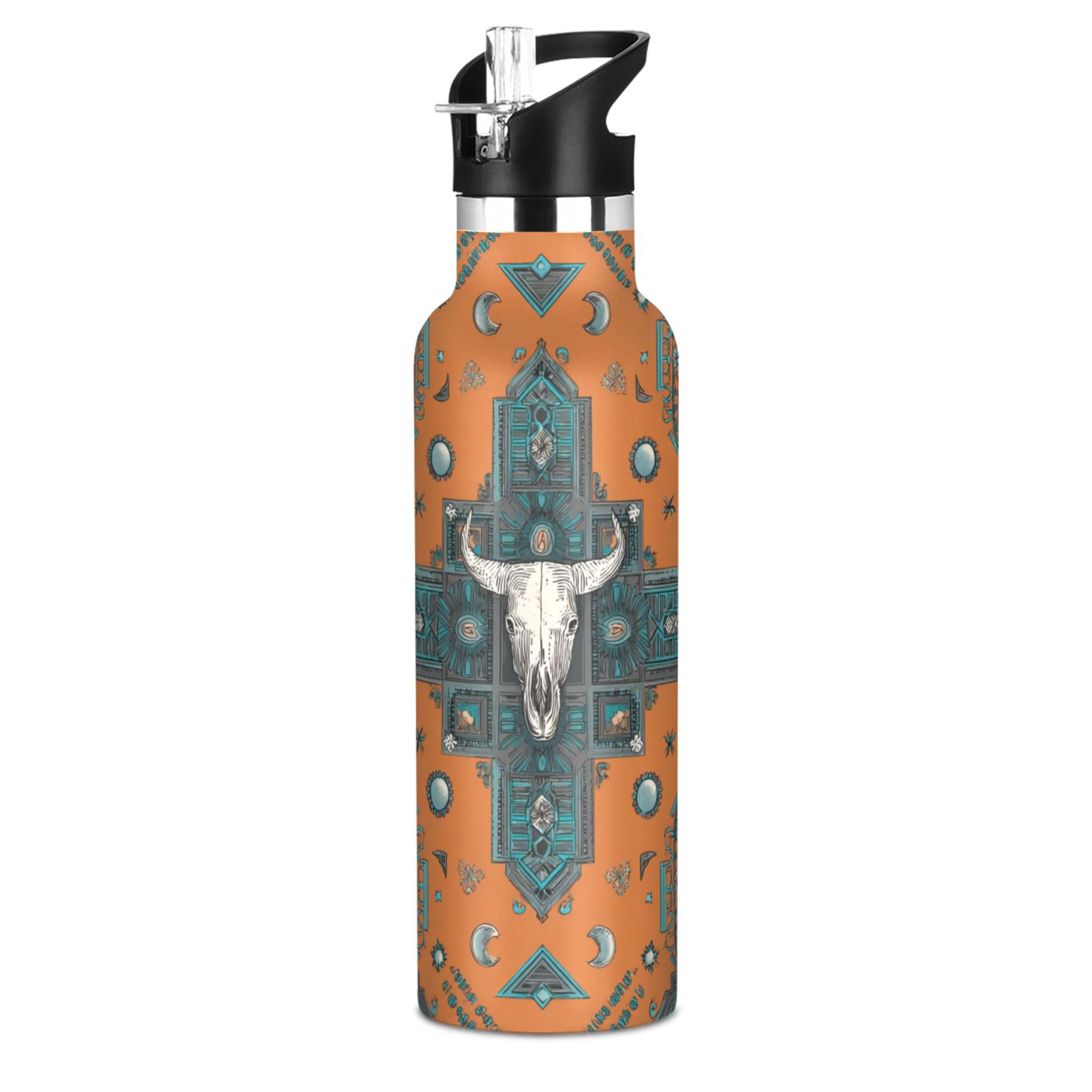 Kids Insulated Stainless Steel Sports Water Bottle 600ml Western-style Cowhorn Skulls