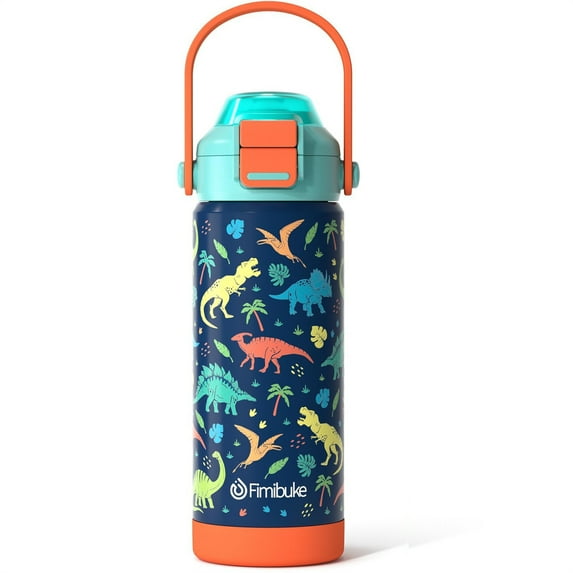 Kids Insulated Stainless Steel Water Bottle for Travel School Boys Girls, Kids Cup 18oz Leak Proof Vacuum Tumbler with Pop-Open Straw & Spout 2-in-1 Lid, Dinosaur
