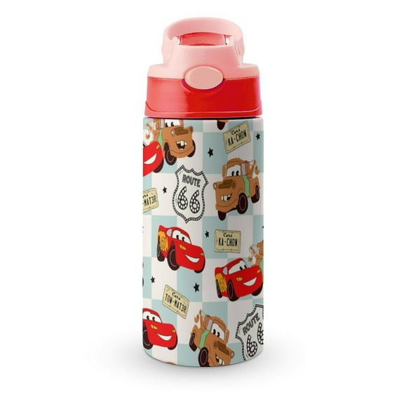 Kids Insulated Water Bottle Lightning McQueen Stainless Steel Cup with Covered Pop-Up Straw for Boys Girls Pink