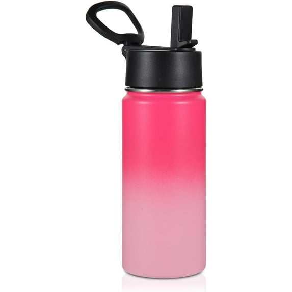 Kids Insulated Water Bottle with Straw,16oz Stainless Steel Cold Water Bottles for School,BPA-Free Metal Wide Mouth Cups with Handle Lid,Reusable Double Wall Vacuum Sport Flask(Peach,1)