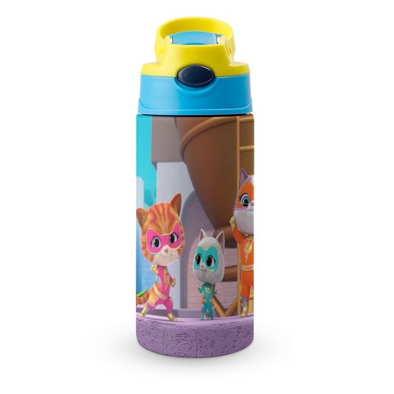 Kids Insulated Water Bottle - Super Kitties Stainless Steel Travel Bottle with Straw, Double Wall Vacuum Insulated Water Bottles for Boys Girls
