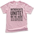 thumbnail image 1 of Kids Introverts Unite Shirt, Youth Kids Boy Girl T-Shirt, Uncomfortable And We Want To Go Home T-shirt Nerdy Tee, Light Pink, X-Large, 1 of 4