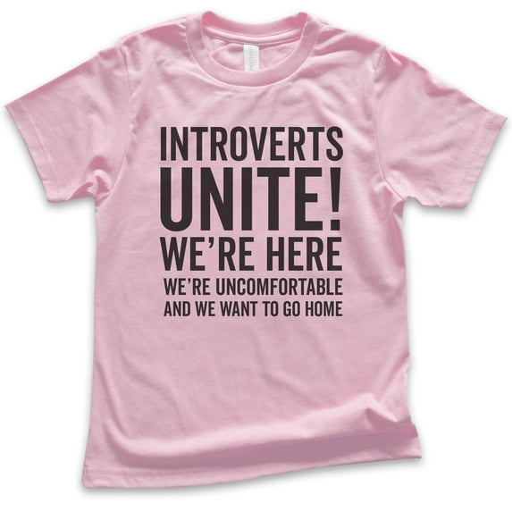 Kids Introverts Unite Shirt, Youth Kids Boy Girl T-Shirt, Uncomfortable And We Want To Go Home T-shirt Nerdy Tee, Light Pink, X-Large