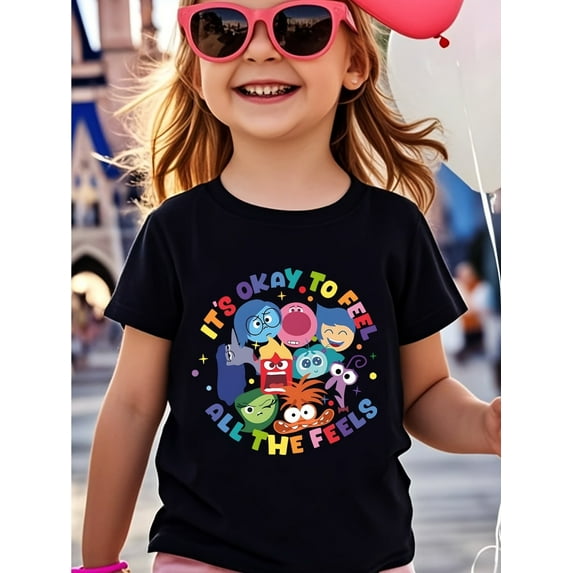 Kids' "It'S Okay to Feel All the Fells" Cartoon Graphic T-Shirt - Black Short Sleeve Crew Neck Cotton Tee for Boys & Girls, Casual Loose Fit, Machine Washable, Perfect for Casual Attire