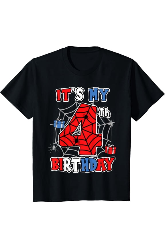 Kids It's My 4th Birthday Spider Theme Party 4 Year Old Boys Kids T-Shirt