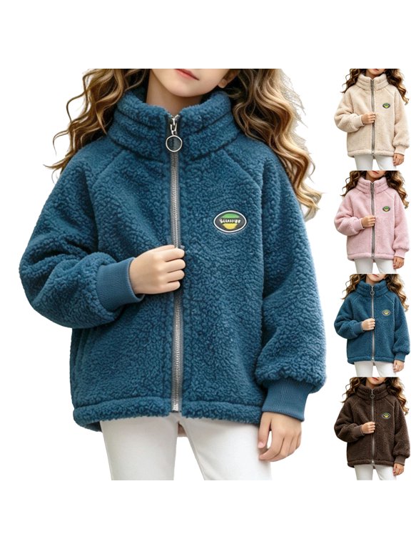 Kids Jacket Dqueduo Kids' Stand Collar Zip Up Fuzzy Fleece Casual Jacket Coat With Badge Decor