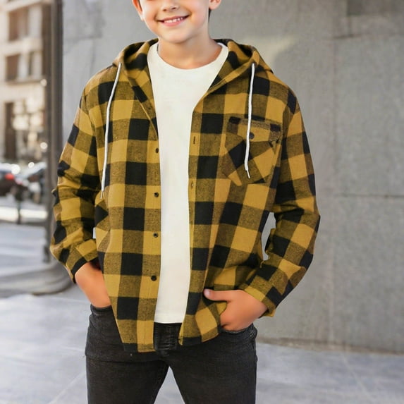 Kids Jackets Fashion New Boys Girls Casual Plaid Hoodies Fall Fashion Button down Shirts Long Sleeve Cute Lightweight Jacket Coats Yellow 14-15 Years