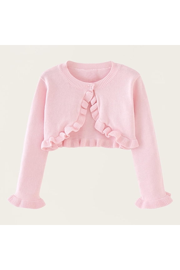 Kids Jean Jacket Girls Cropped Knit Cardigan Solid Ruffle Button Lightweight Sweater Shrugs for Dress Formal Wedding 5Y