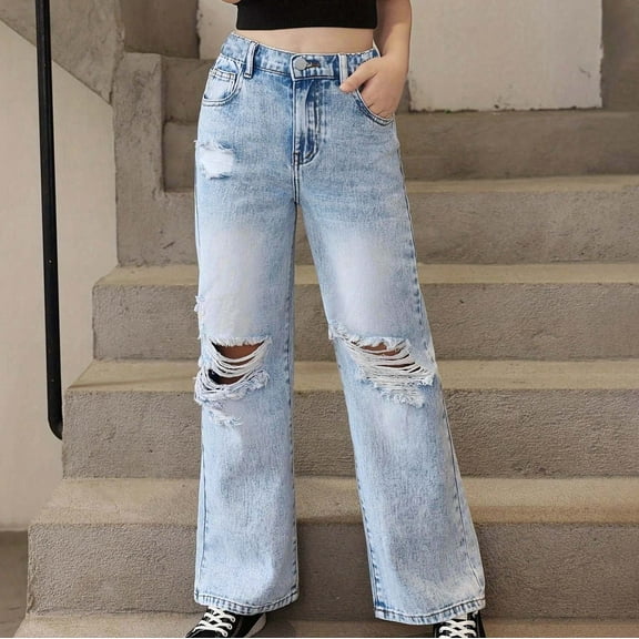 Kids Jean for Girls Ripped Jeans Girls Straight Leg Wide Leg Girls Pants High Waist Girls Baggy Jeans with Pockets Girl Jeans Size 8-9 Years