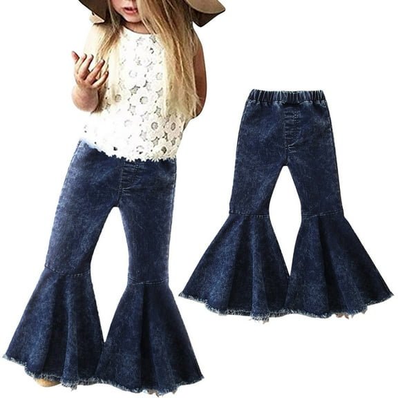 Kids Jeans Bell Bottoms with Pockets High Waisted Jeans Wide Leg for Girls 5-6 Years