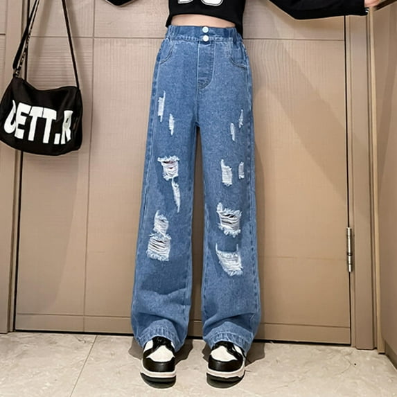 Kids Jeans Cute Cartoon Embroidered Baggy Jeans Kids Girls Straight Leg Jeans with Pockets High Waisted Wide Leg Jeans for Girls 130.00