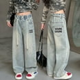 thumbnail image 1 of Kids Jeans Embroidered Jeans Baggy Jeans Kids Straight Leg Jeans with Pockets High Waisted Wide Leg Jean for Teens 10-12 Years, 1 of 8